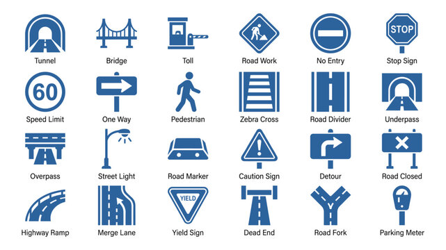 Road Traffic Sign Vector Icon Set with Speed Limit Stop Sign Bridge Tunnel Pedestrian Zebra Crossing Highway Ramp Symbols for Navigation App UI Web Design Blue Flat Style
