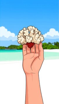 Hand holding popcorn on beach vacation.