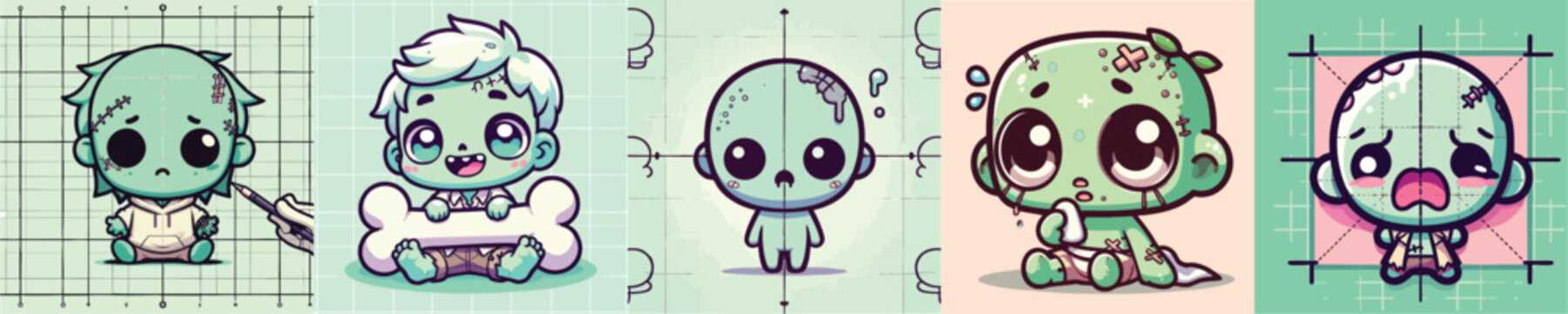 Cute Cartoon Zombie Characters Collection on Grid Background.