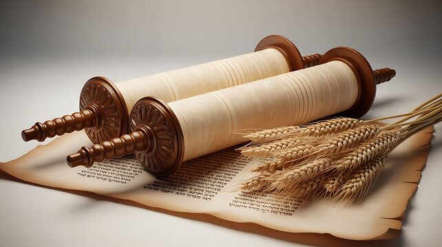 Two traditional Torah scrolls with a bundle of golden wheat stalks