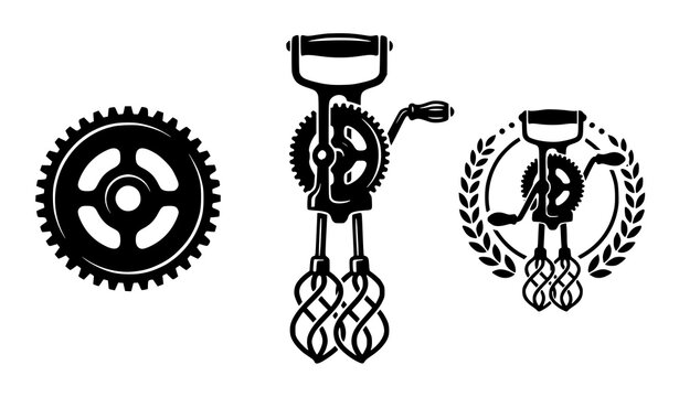 Vintage Manual Egg Beater Vector Pack with Black Crank Handle Kitchen Whisk Silhouette