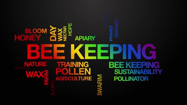 Bee keeping concept Animated Tag Word Cloud kinetic typography, Text Design Animation typography seamless loop video motion graphics Intro Wordart arrangement tagcloud rainbow type on black background