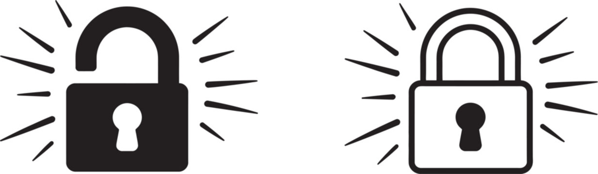 Broken padlock icon set four open padlocks showing different styles of security breach vulnerability and access control failure design vector collection for cybersecurity and data protection concepts.
