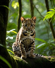 Obraz premium A rich brown oncilla , northern tiger cat genetic hybrid experiment fantasy animal, fictional species in a forest chamber