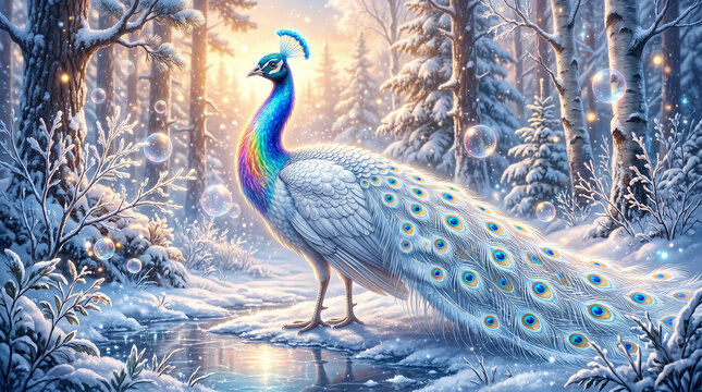 Vibrant peacock with iridescent plumage stands gracefully beside a tranquil flowing stream within a magical sunlit winter forest scene captured in this stunning and highly detailed artistic nature col