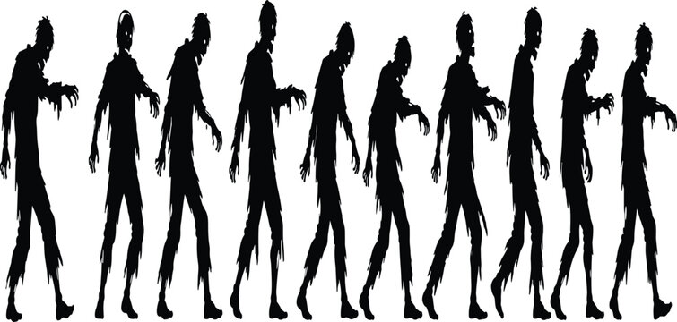 Walking Zombie Silhouette Set, Scary Halloween Undead Horde Vector, Creepy Dead Monster Characters, Horror Apocalypse Illustration Collection