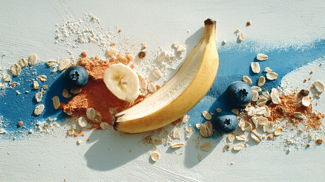 A Delicious Medley: A vibrant composition featuring a ripe banana, fresh blueberries, and rolled oats scattered across a textured surface, hinting at a wholesome and energizing breakfast.