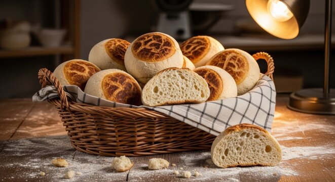 Fresh lauw bread rolls with soft texture and golden toasted tops arranged in a rustic woven basket on a wooden table, featuring artisan baking craftsmanship perfect for breakfast and food styling.