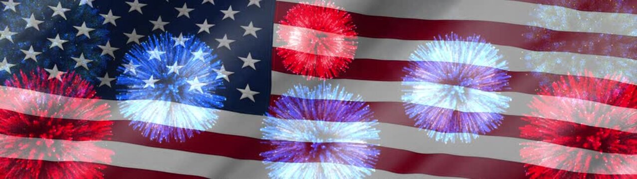 Ultra Wide Patriotic American flag composition with colorful fireworks, created for Independence Day celebration, national holiday messaging, and festive media use