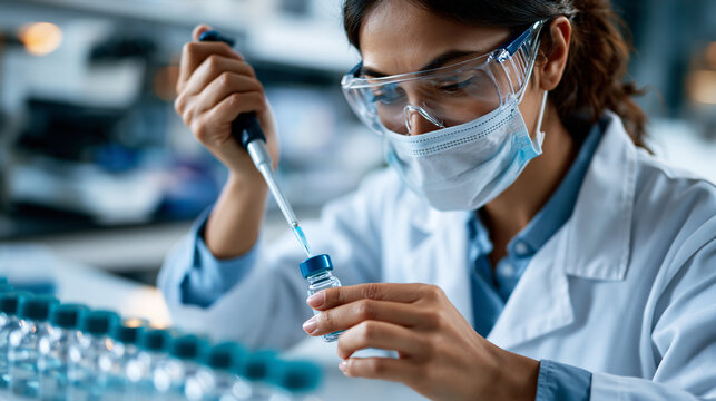 Scientist in a white lab coat, protective goggles, and face mask carefully using a pipette to handle a sealed blue-capped vial, with a row of additional vials visible in the foreground