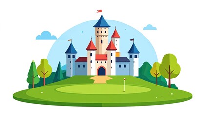 Naklejka premium Colorful cartoon castle on green hill.