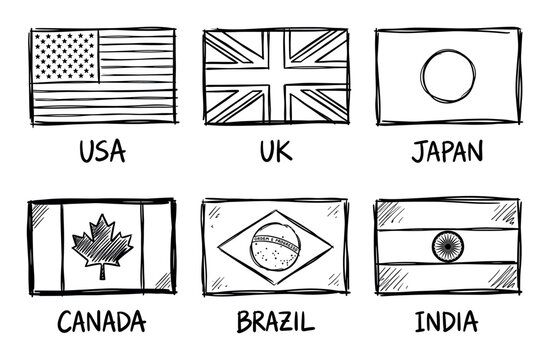 Hand drawn sketch flags representing different countries global collaboration