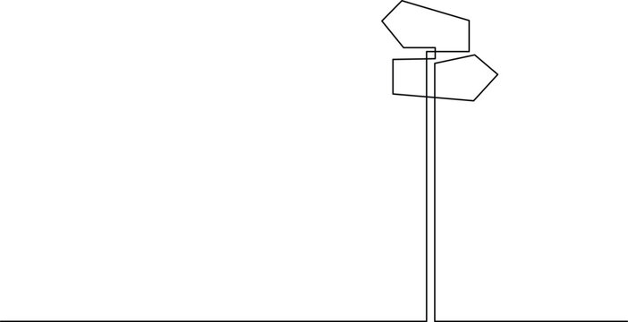 Continuous line drawing of a directional signpost with line art, single line
