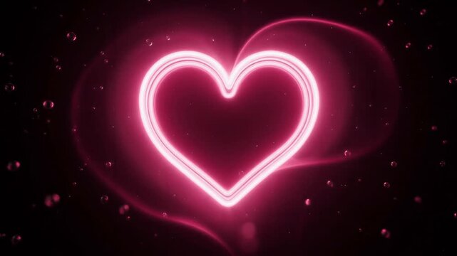 Glowing pink heart symbol pulsing with light waves and floating bubbles in dark cinematic space