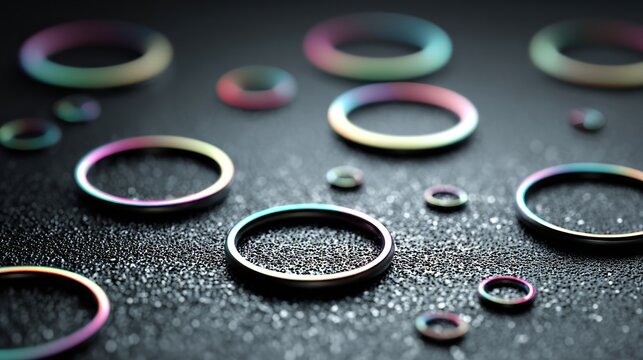 Multiple iridescent torus shapes are scattered across a dark, granular surface