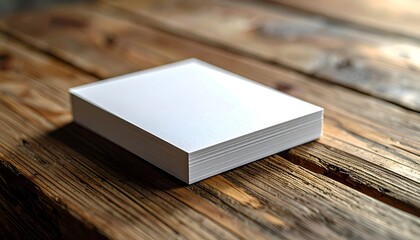 Fototapeta premium Stack of white paper resting on rustic wooden planks surface, bright light