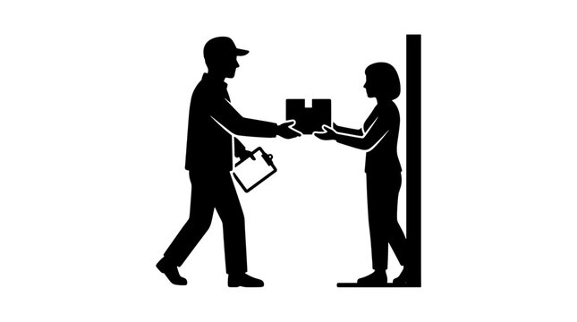 Delivery person handing package to recipient in warehouse setting