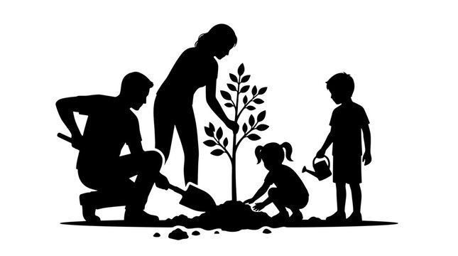 Silhouette of family planting tree together outdoors on sunny day