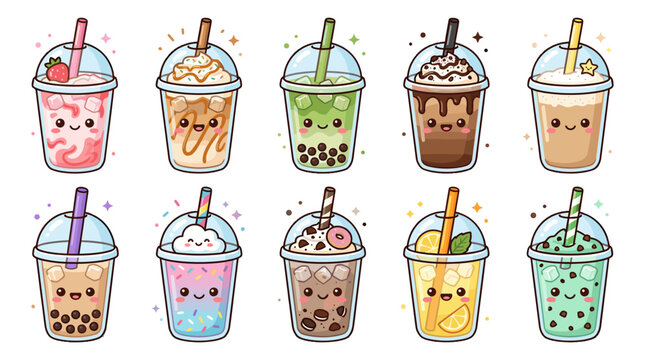 Collection of colorful bubble tea drinks with various flavors and toppings