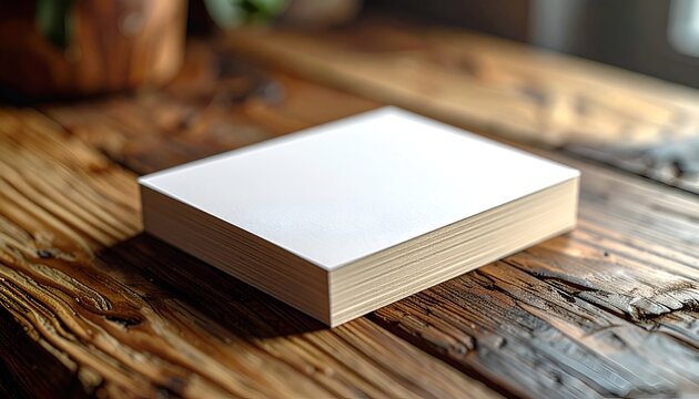 Stack of white paper on textured wood surface, bright window light