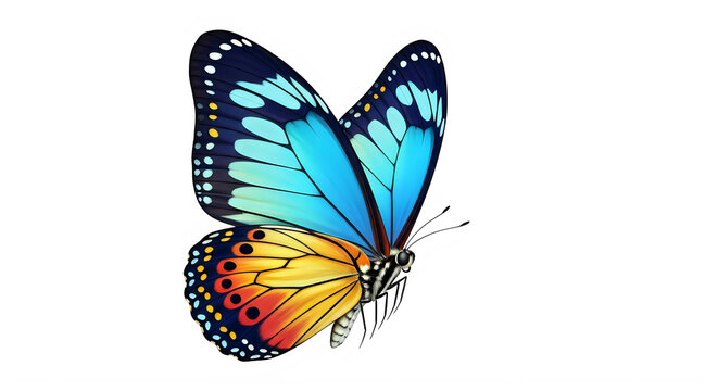 Bright blue and orange butterfly with black and yellow spots sitting on a flower isolated on transparent background