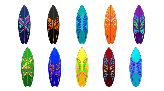 Colorful decorative surfboards with intricate patterns and vibrant hues