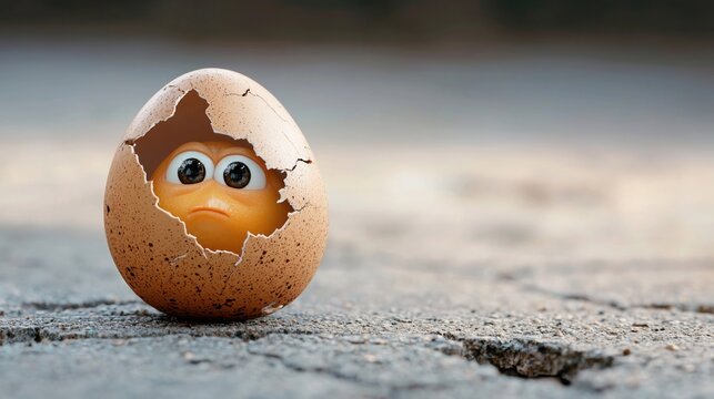 Cute cartoon chick hatching from a cracked eggshell on a textured surface.