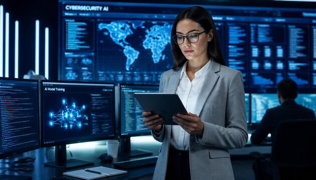 Female IT Executive Using Tablet in High-Tech Cybersecurity and AI Data Control Room