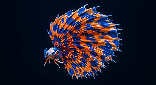 Stunning Siamese fighting fish or Betta splendens with vibrant orange and blue leopard pattern fins isolated on black background
