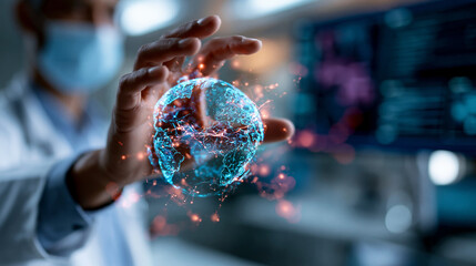 Fototapeta premium Doctor in a clinical environment reaching toward a glowing virtual globe visualization, blending healthcare expertise with advanced technology to represent global digital health innovation