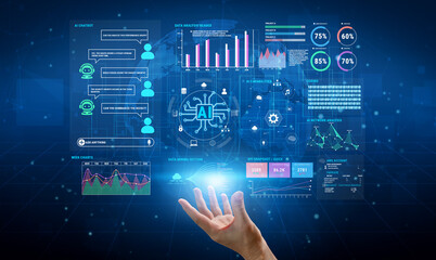 Obraz premium Hand Reaching Towards Futuristic Data Analytics Interface with AI Elements, Charts, and Graphs Representing Technology and Innovation Fluxor.