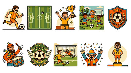 Fototapeta premium Collection of cartoon soccer players celebrating and playing the game