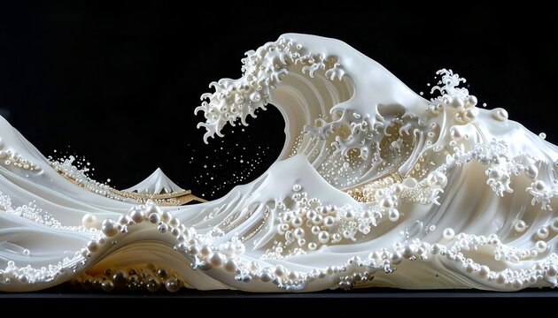 Pearl wave replica against a stark black backdrop, detailed and stylized