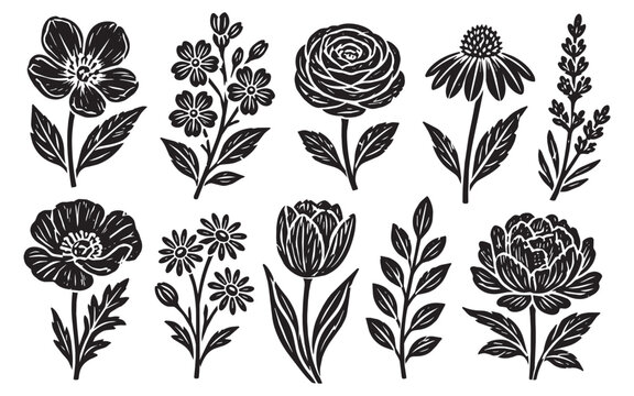 Linocut art floral for flower vector design and nature isolated leaf. Texture vintage illustration for black graphic linocut and plant logo spring. Linocut stamp leaves for flower garden art