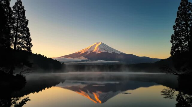 Beautiful sunrise view of mount fuji reflected in the calm waters of lake tanuki with morning mist, shizuoka prefecture, japan
