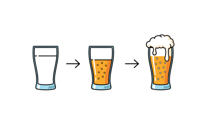 Sequence of three glasses being filled with beer showing the progression from empty to half full and overflowing with foam.