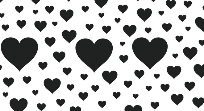 Minimalist pattern of numerous black heart shapes in different sizes scattered randomly across a plain white background.