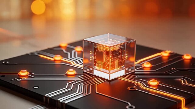 Circuit board with glowing cube