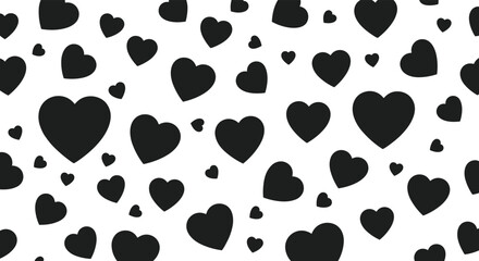 Fototapeta premium Classic and simple monochrome pattern background featuring black heart silhouettes in various sizes on a white surface.