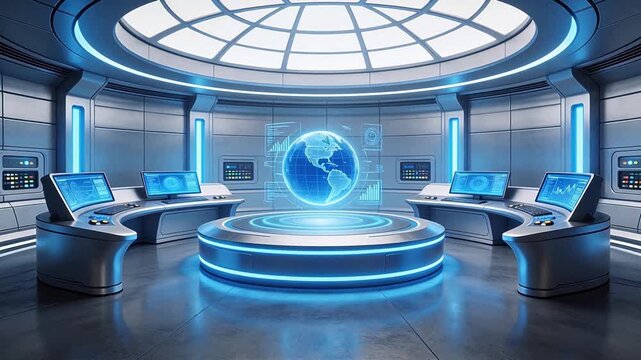 Futuristic control room with globe display