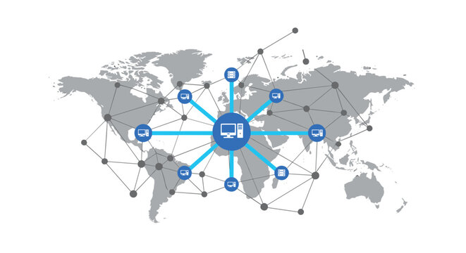 World map showing a centralized global network connection with computer and server icons linked together across the continents.