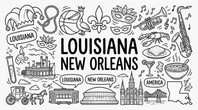 Louisiana New Orleans culture and music vector illustration featuring jazz instruments, Mardi Gras masks, steamboat, cathedral, Superdome, cuisine, and iconic state symbols in artistic design
