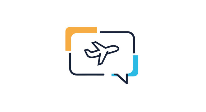 Minimalist flight information or airplane ticket icon with a plane silhouette inside a chat bubble frame for travel apps.