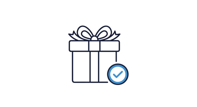 Outline icon of a gift box with a blue checkmark symbol indicating a successful delivery or verified present.