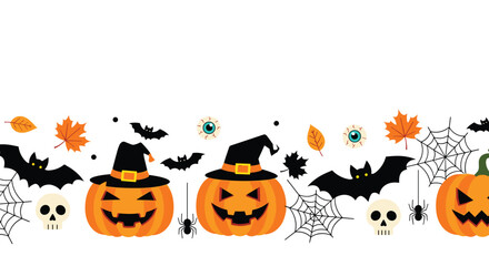 Obraz premium Horizontal Halloween border featuring carved pumpkins with witch hats, flying bats, skulls, spider webs, and colorful autumn leaves.