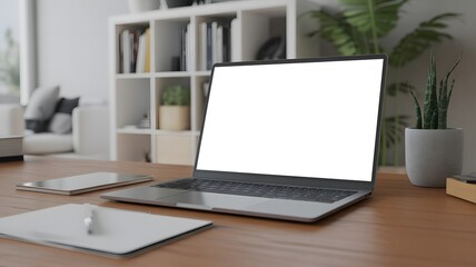 Fototapeta premium Modern laptop with blank white screen on a wooden desk in a bright home office
