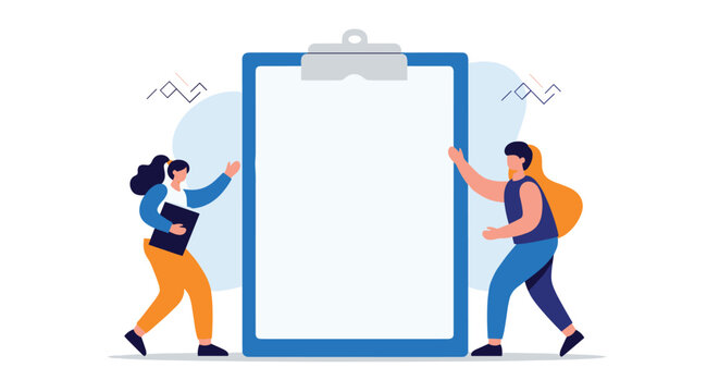Business characters standing next to a large blank clipboard for survey, checklist, or document demonstration purposes.