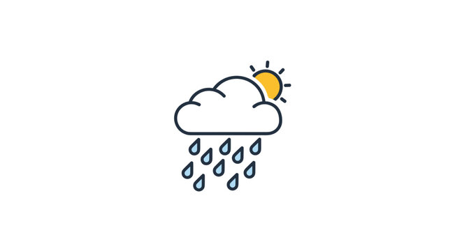 Weather icon representing a mix of rain and sun with a blue cloud falling raindrops and a bright yellow sun on a plain white background.