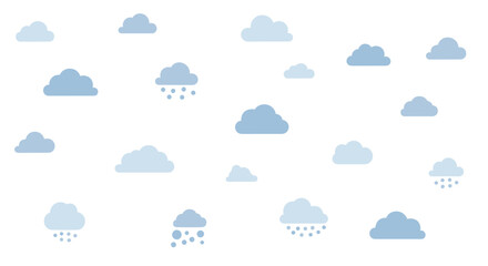 Fototapeta premium Gentle pattern of soft blue clouds in different shapes and sizes with some depicting light rain showers against a plain white background scene.
