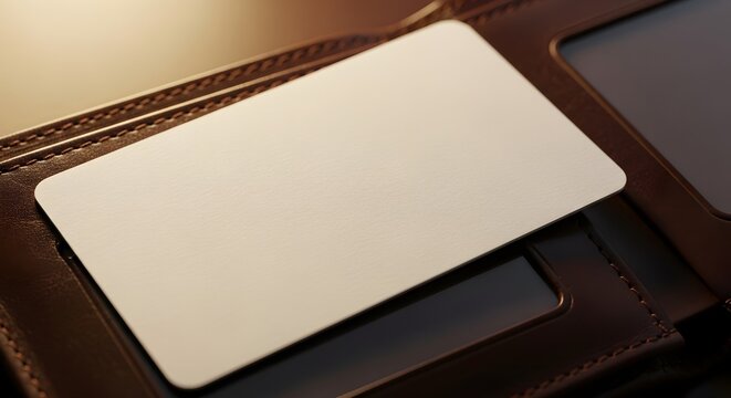 Blank white credit card in brown leather wallet with visible stitching and card slot perfect for banking and finance visuals